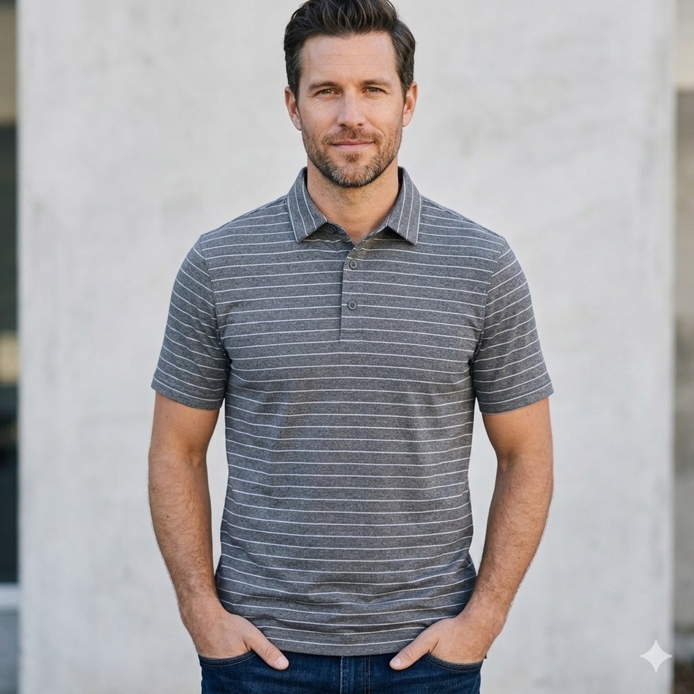 Champion Men's Gray and Light Purple Horizontal Stripe Polo